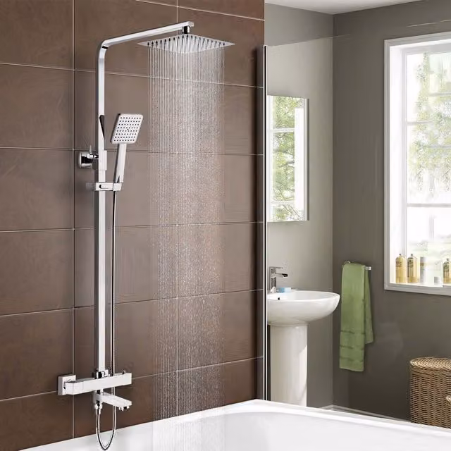 Nes Home Square Thermostatic Shower Kit with Bath Filler in Chrome Metallic Silver – 1
