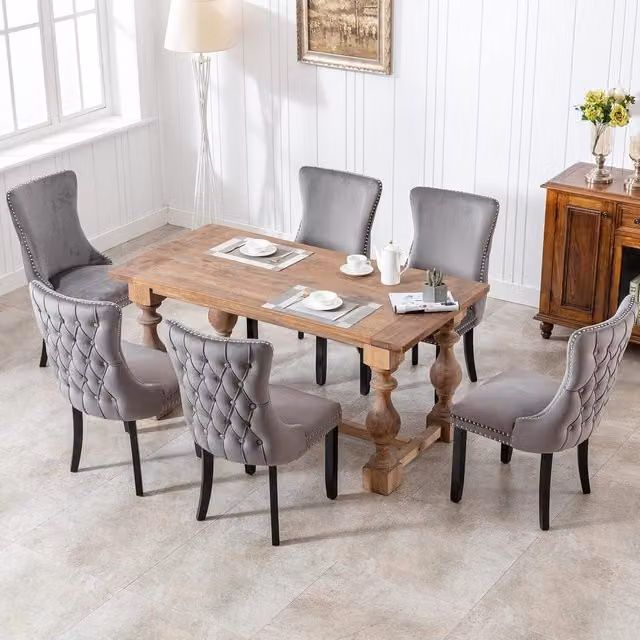 Home Touch Interiors Shalon Velvet Upholstered Dining Chairs with Tufted Wing Back, Grey, Set of 4