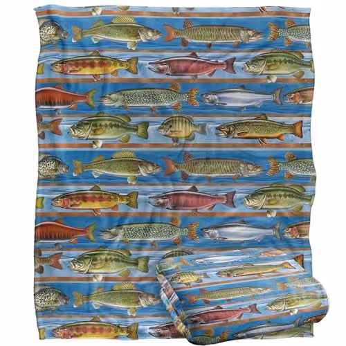JQ Licensing Freshwater Gamefish Fishing Pattern Super Soft Fleece Throw Blanket, White, W/D: 152 x 127 cm – 1