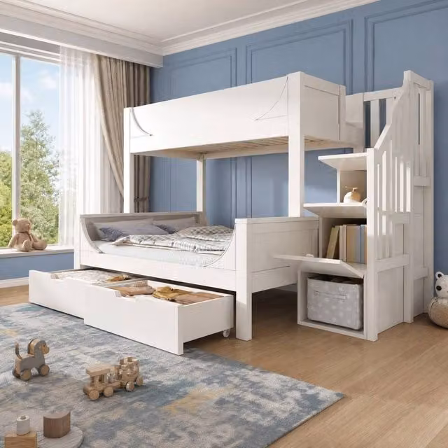 STILVORA Junior White Bunk Bed Frame with Storage Drawers and Stairs – 1
