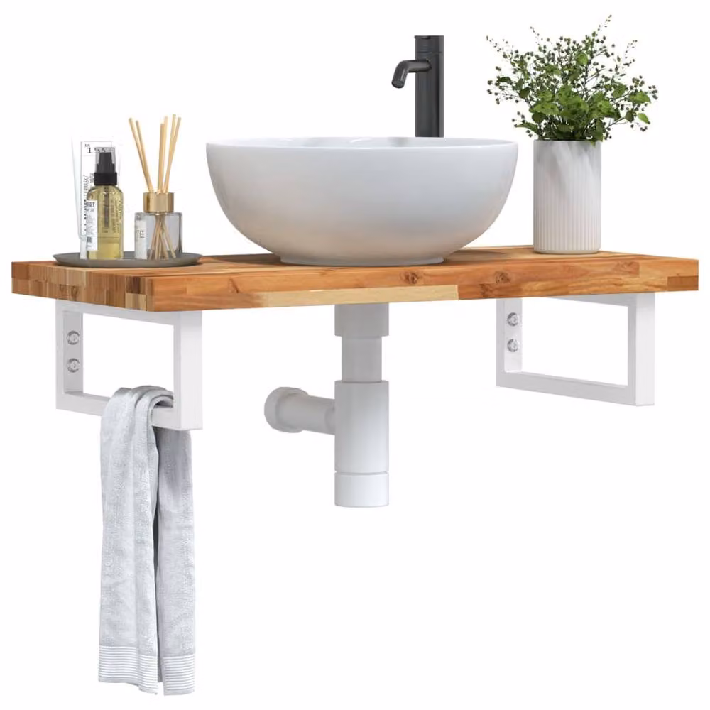 Berkfield Home Elegant Wall Mounted Basin Shelf in Brown Acacia Wood and Steel, W/D/H: 100 x 40 x 19 cm – 2