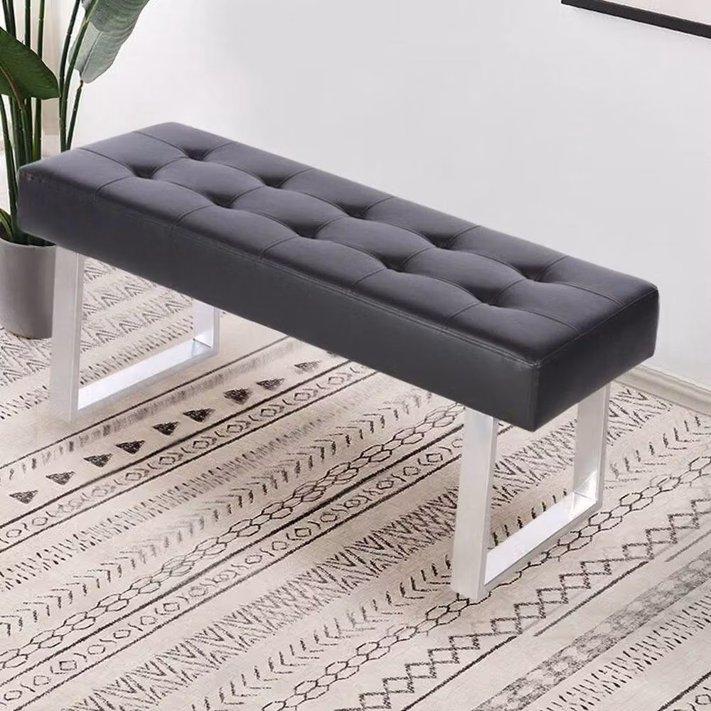 KORVIXA Black Synthetic Leather Dining Bench with Chrome Metal Legs – 5