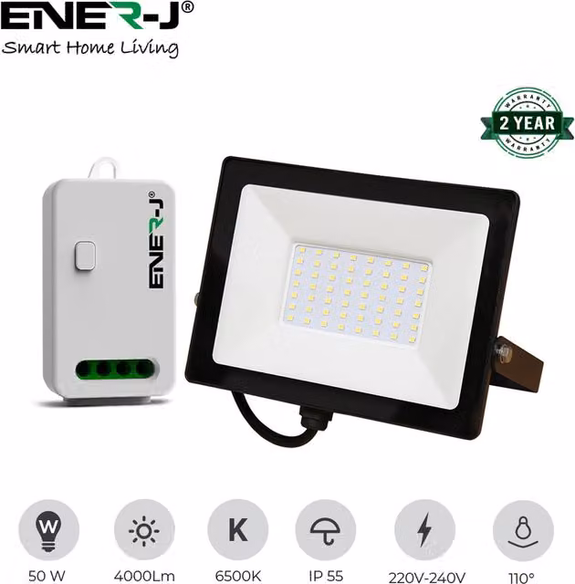 EnerJ Smart 50W White LED Floodlight with ECO Series 500W Non Dimmable RF Receiver
