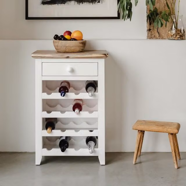 Florence Wine Rack with Drawer in White Acacia Wood, W/D/H: 80 x 30 x 55 cm