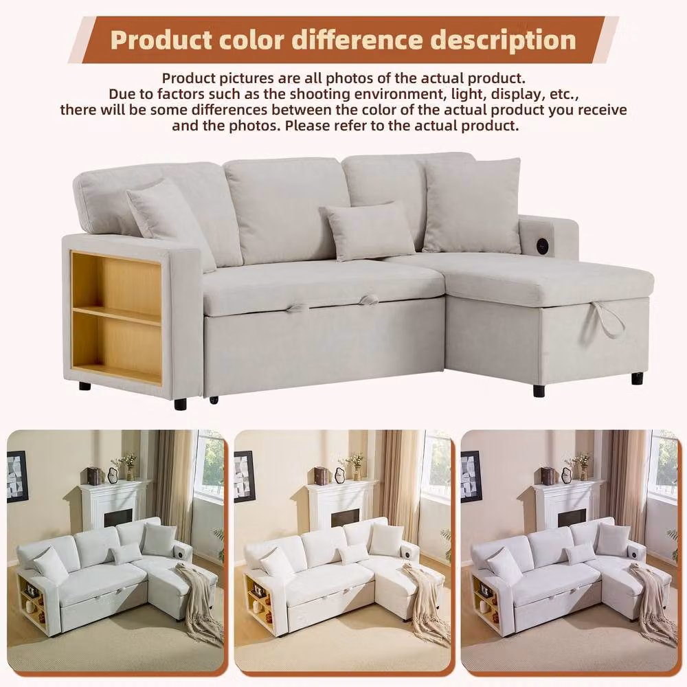 BTM Beige L-Shaped Fabric Corner Sofa Bed with USB Charging and Scatter Cushions, W/D/H: 214 x 131 x 87 cm – 3