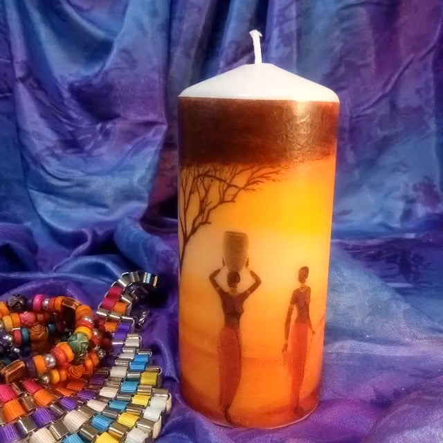 Viki African Beauty Pillar Candle in White and Multicolour