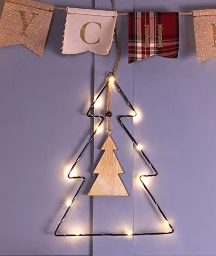 St Helens Home & Garden Battery Powered Metal Tabletop Christmas Tree with Wooden Centre and LED String Lights