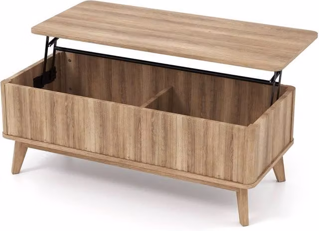 Costway Fluted Lift Top Coffee Table in Light Brown, Rectangular Rubberwood Center Table – 1