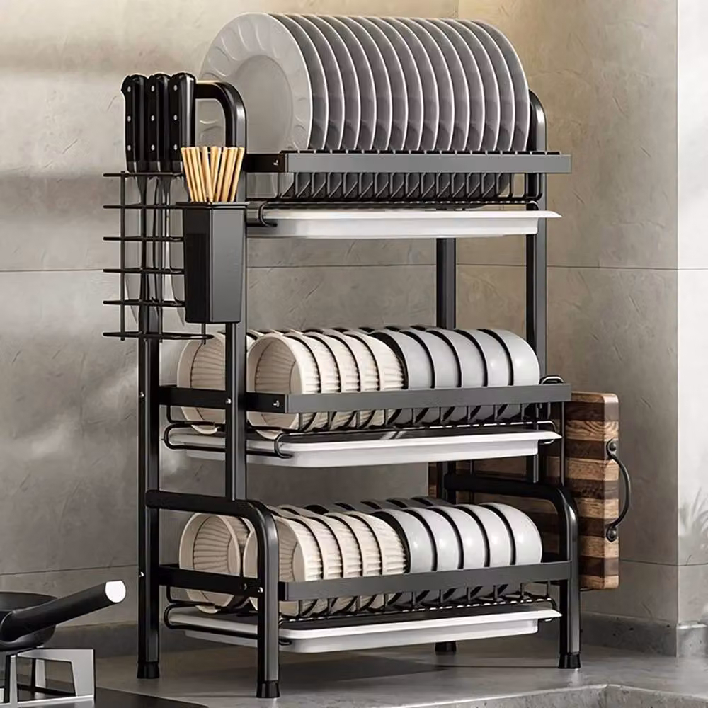KORVIXA 3 Tier Dish Drainer Rack with Cutlery Holder and Drip Tray in Black Coated Steel – 3