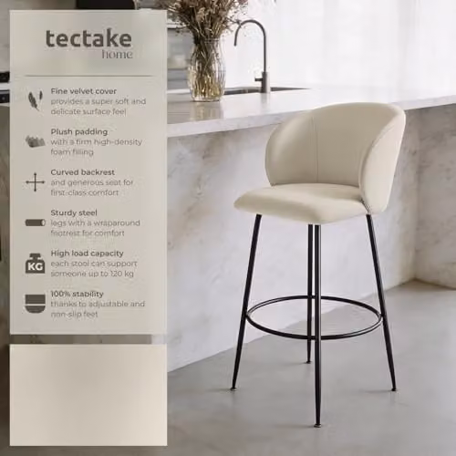 tectake Set of 2 Luana Bar Stools in Black and Cream with Velvet-Look Covers – 3