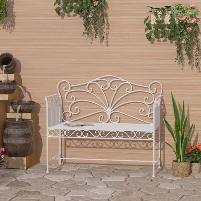 Outsunny White Metal 2 Seater Garden Bench with Floral Design – 2
