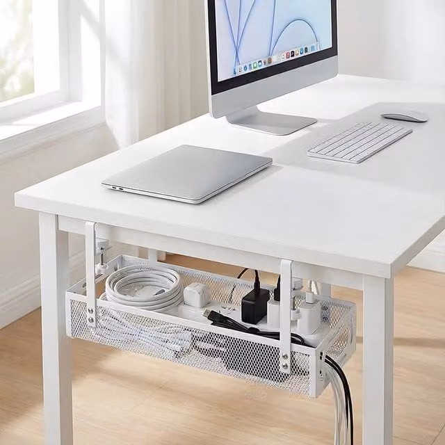 PAWNORA White Metal Under Desk Cable Management Tray with Multi-Compartment Design
