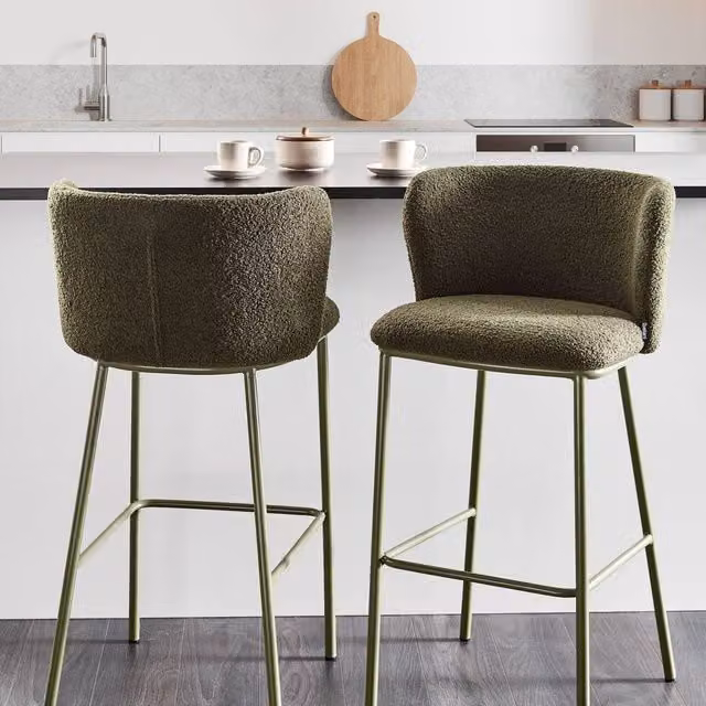 Wyld Haus Set of 2 Dark Green Boucle Bar Chairs with Black Powder Coated Metal Legs