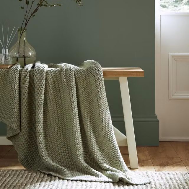 Laura Ashley Parker Knitted Cotton Throw, Green, W: 125 cm, D: 150 cm