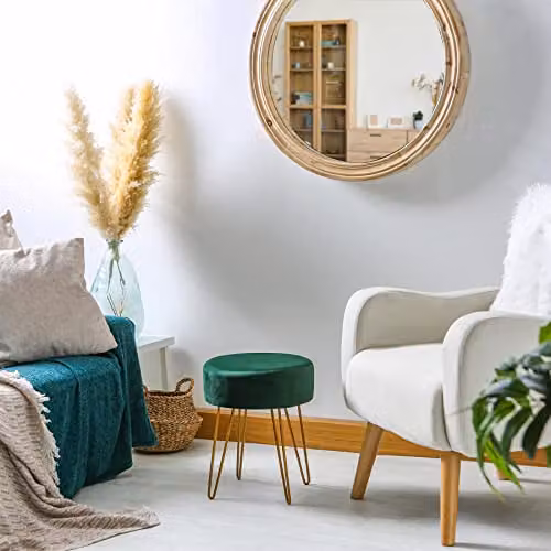 Harbour Housewares Round Velvet Footstool in Green with Gold Legs, H41 x D45 cm – 2