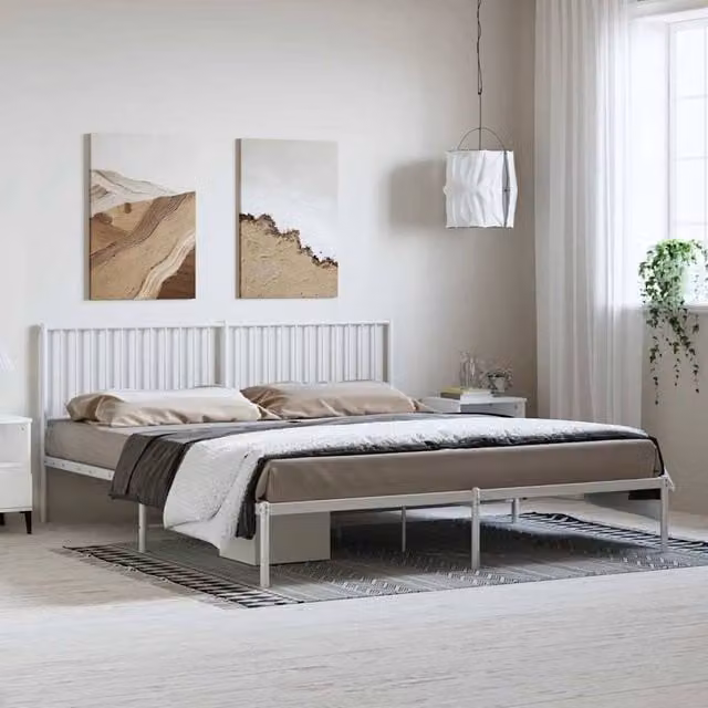 Berkfield Home Metal Bed Frame with Headboard in White, W: 183 cm, D: 213 cm – 1