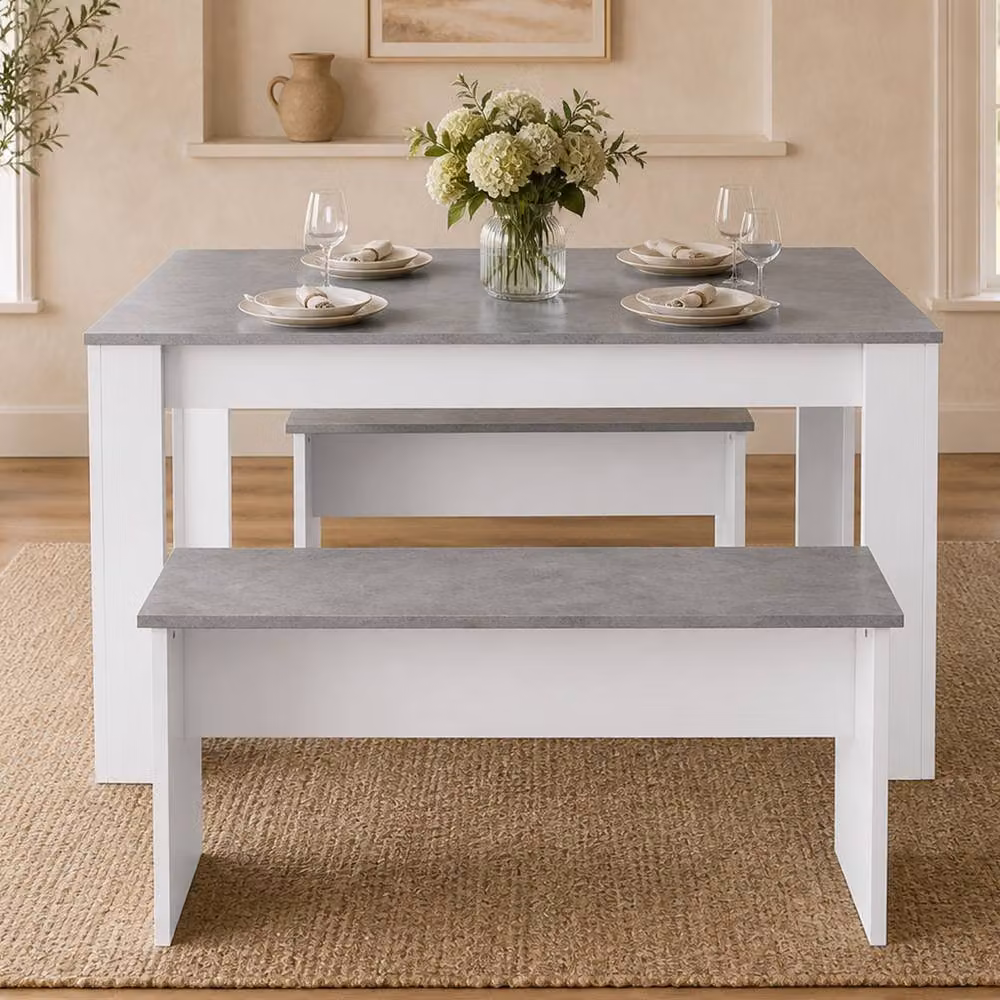 Abrihome 3-Piece Modern Dining Table and Bench Set in Grey and White for 4 Adults – 3