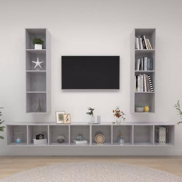 Berkfield Home Set of 4 Modern Wall-mounted TV Cabinets in Concrete Grey Matt Engineered Wood – 1