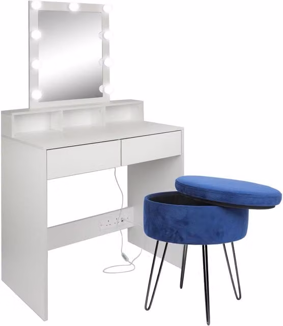 Harbour Housewares Hollywood LED Wooden Dressing Table Set with Blue Stool and White Accents