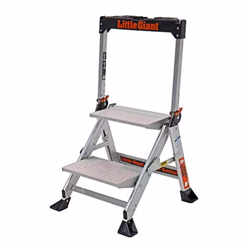 Little Giant 2 Tread Jumbo Folding Aluminium Step Stool in Silver with Built-in Tool Tray and High Handrail, Top Tread Height: 46 cm