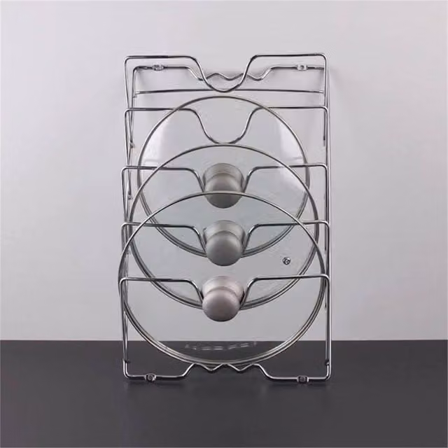SPETLEK Wall Mounted Metal Pot Lid Holder and Pan Cover Storage Rack in Metallic Silver – 1