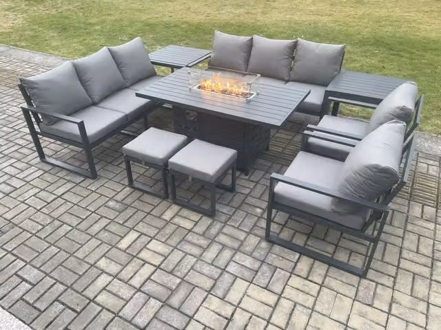 Fimous Aluminium Outdoor Garden Furniture Set in Dark Grey with Gas Fire Pit Dining Table, Lounge Sofa, 2 Footstools and 2 Side Tables