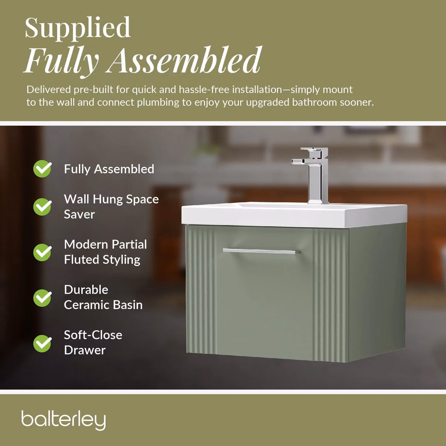 Balterley Wall Hung 1 Drawer Vanity Unit with Mid-Edge Basin, Satin Green – 3