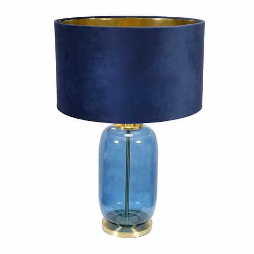 ValueLights Leigh Navy Glass Table Lamp with Navy Velvet and Gold Inner Shade, Blue and Gold/Brass – 1