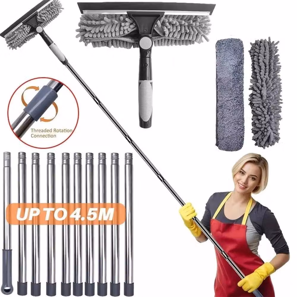 FLAVORA Grey Telescopic Window Squeegee with Microfibre Glass Cleaner and Extendable Handle – 3