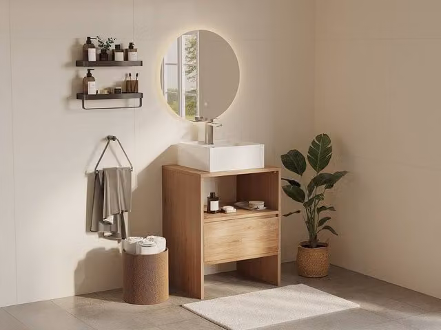 Vente-unique Solid Oak Bathroom Vanity Unit with Square Countertop Basin in Light Oak – 1