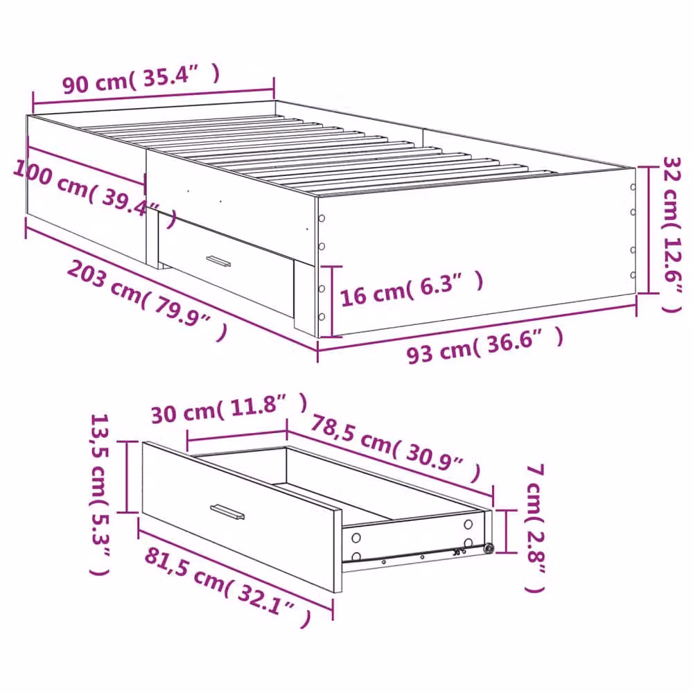 Berkfield Home Modern Bed Frame with Drawers in Concrete Grey, W/D/H: 90 x 200 x 32 cm – 3