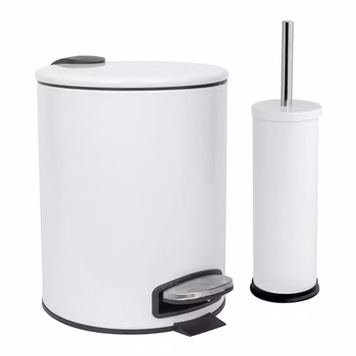 Harbour Housewares 5L Round Stainless Steel Pedal Bin and Toilet Brush Set in White