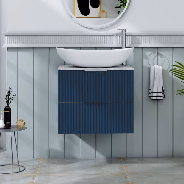 Royal Bathrooms Evora 600mm Midnight Blue Fluted Wall Hung 2 Drawer Vanity Unit with Cesar Basin