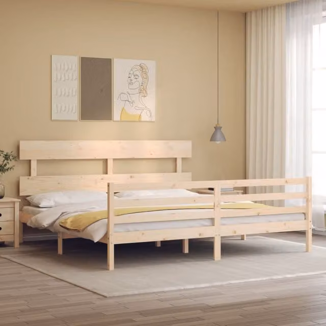 Berkfield Home Solid Pine Wood Bed Frame with Headboard in Brown, 200 x 200 cm