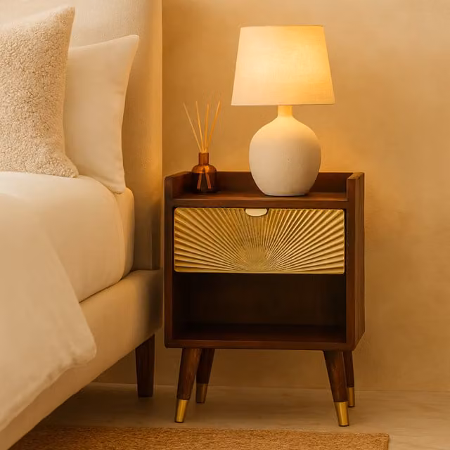 Artisan Furniture Solid Wood One Drawer Bedside Table in Brown and Gold