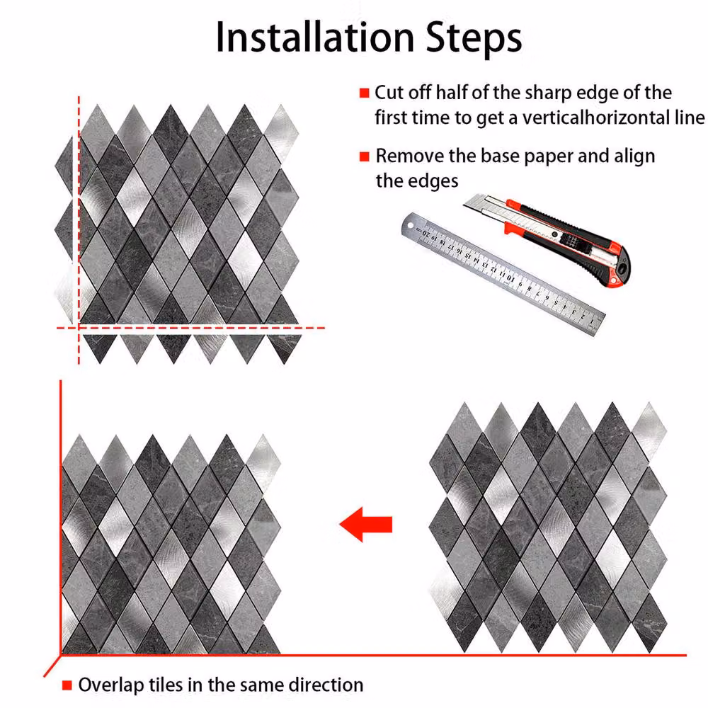 ENER-J Silver Slate Diamond Peel & Stick Aluminium Wall Tiles, 4 Pack, W/D/H: 29.5 x 29.5 x 0.35 cm – 8