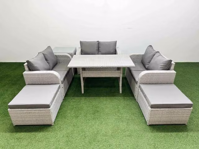 Fimous 8 Seater PE Wicker Rattan Garden Furniture Set in Light Grey with Rectangular Dining Table, 2 Seater Love Sofa, 2 Footstools and Side Table