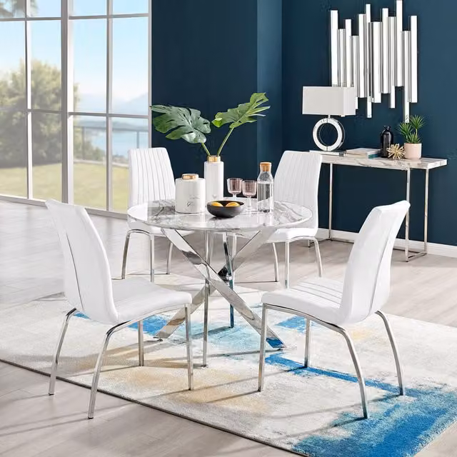 FurnitureboxUK Novara White Marble Effect Round Dining Table and 4 Isco Chairs Set in White and Silver
