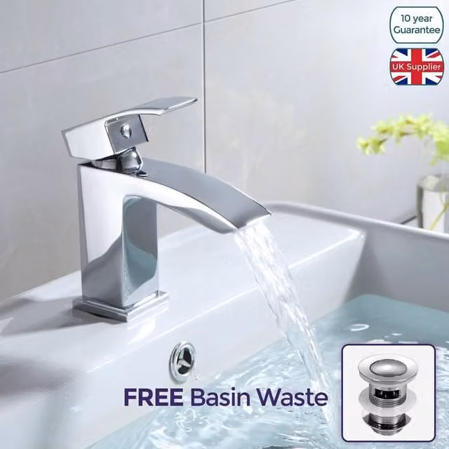 Nes Home Waterfall Bathroom Single Lever Basin Mono Mixer Tap with Pop Up Waste in Silver Chrome