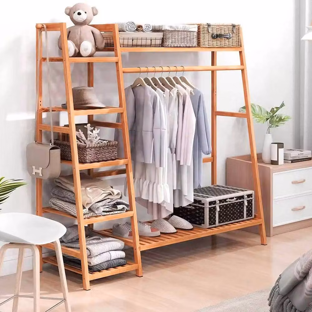 EONLION Bamboo Wood Clothes Rail Rack in Brown, W: 50 cm, H: 140 cm, D: 50 cm – 3