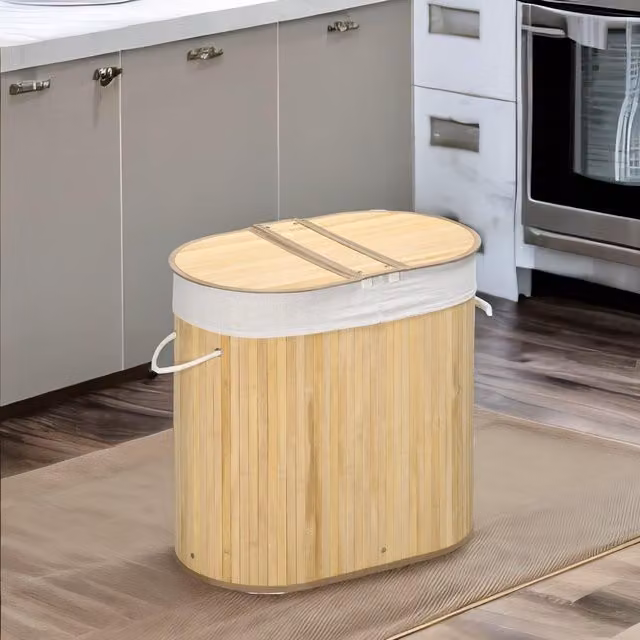 Rafaelo Mobilia Bamboo Double Laundry Basket with Lid and Removable Lining in Sand/Beige – 1