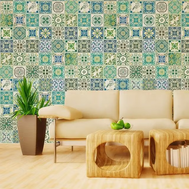 Walplus Wall Tile Stickers in Green and Blue, 12 Pack, W/H: 20 x 20 cm