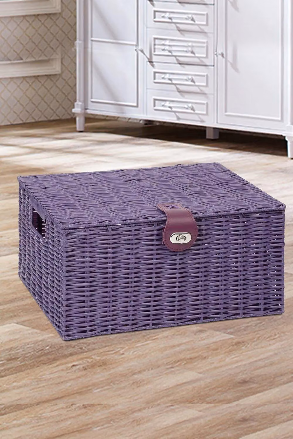 Arpan Medium Resin Woven Storage Basket Box with Lid and Lock in Purple – 3
