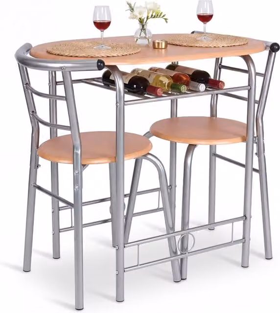 Bravich Modern Oval Bistro Dining Set in Beech and Silver