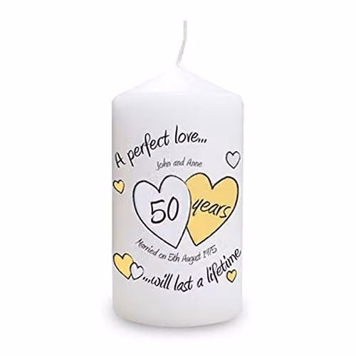 PGW Personalised Golden Wedding Anniversary Keepsake Pillar Candle in Gold and White