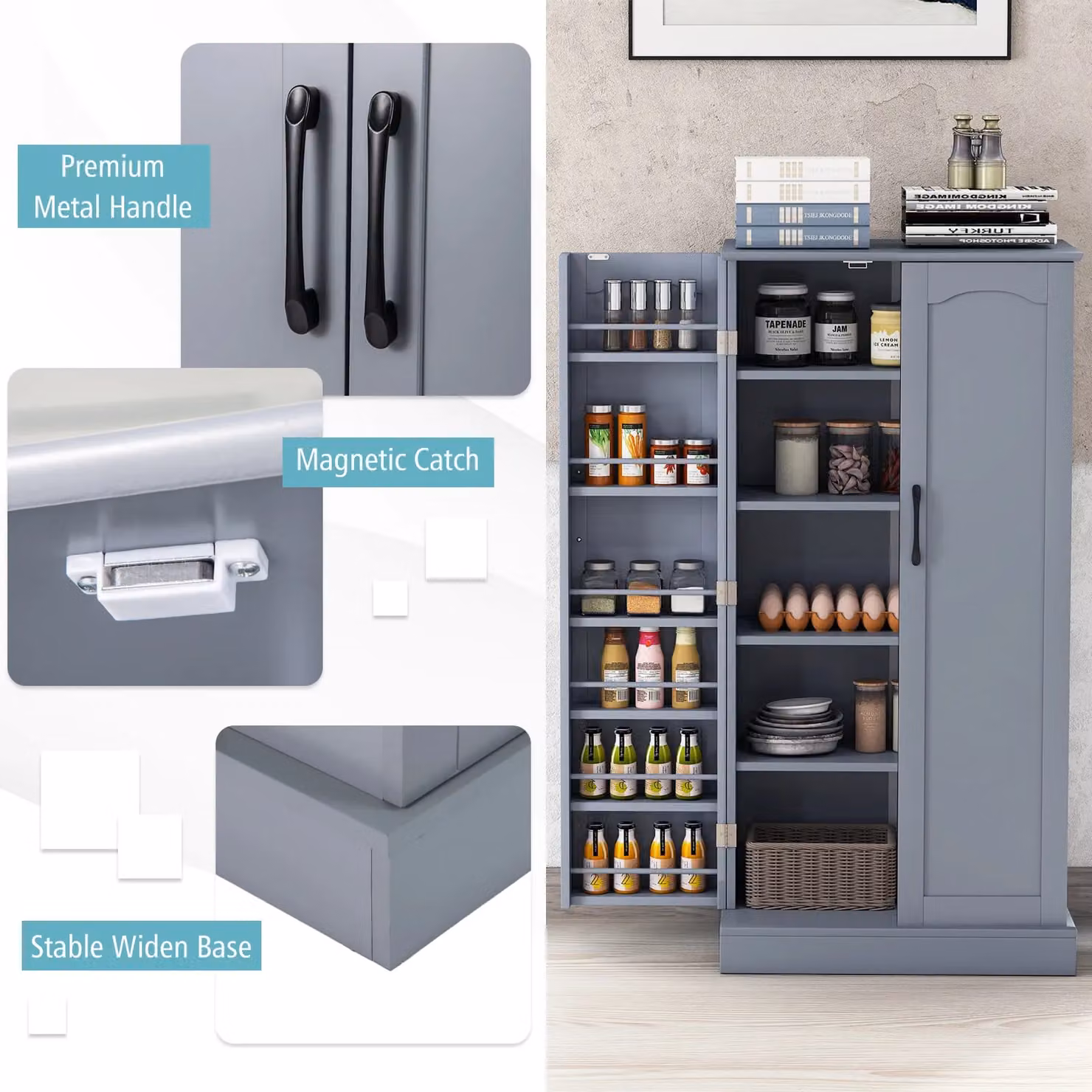 Costway Modern Grey Freestanding Kitchen Storage Cabinet with Adjustable Internal Shelves – 6