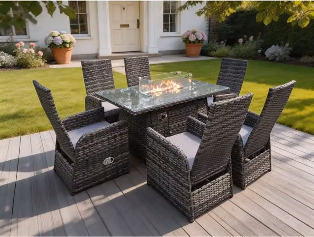 Fimous 6 Seater Rectangular Rattan Gas Fire Pit Dining Set in Grey