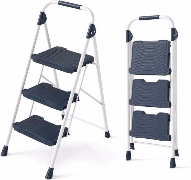 VOGREX 3 Step Folding Ladder with Cushioned Handrail and Rubber Feet in Blue – 1