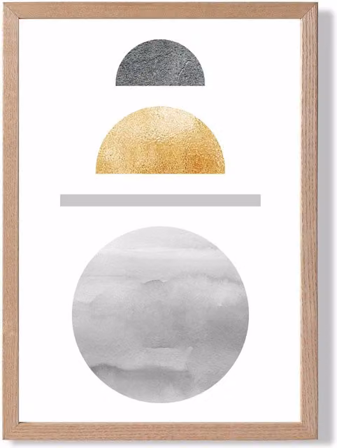 ARTZE Mid Century Geometric Framed Print, Yellow and Grey Abstract Circles in an Oak Wood Frame, A3