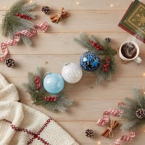 Shatchi 12-Piece Set of Blue and White Glass Christmas Baubles, 8 cm Round Hanging Ornaments – 7